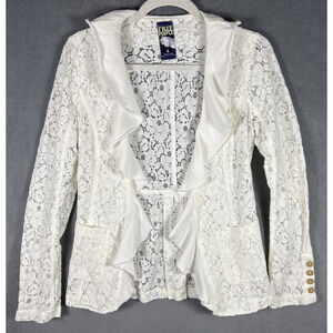 Free People Women's Sz 4 Cream Colored Lace Jacket Open Front Ruffle Boho‎